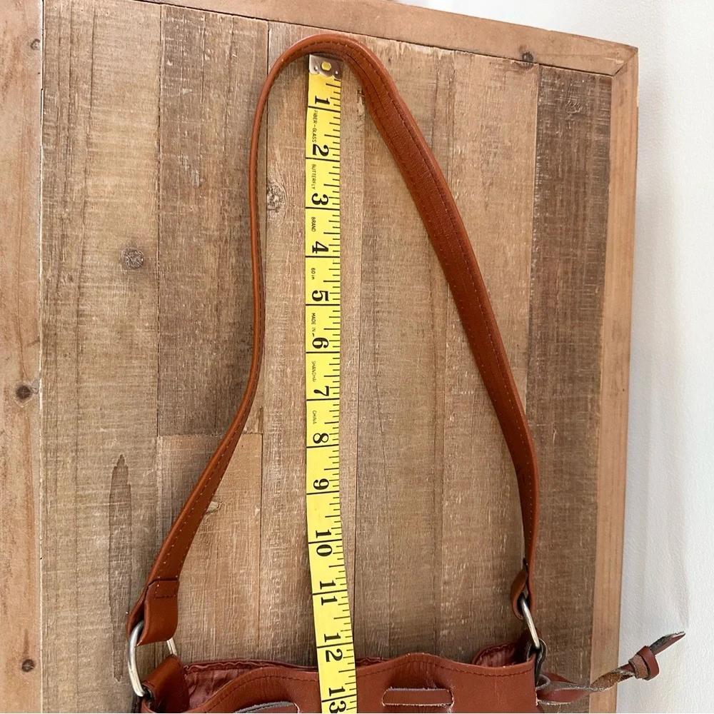 Vintage Cowhide Drawstring Leather Purse Shoulder Bag Brown Tan White Silk Lined - Picture 10 of 16